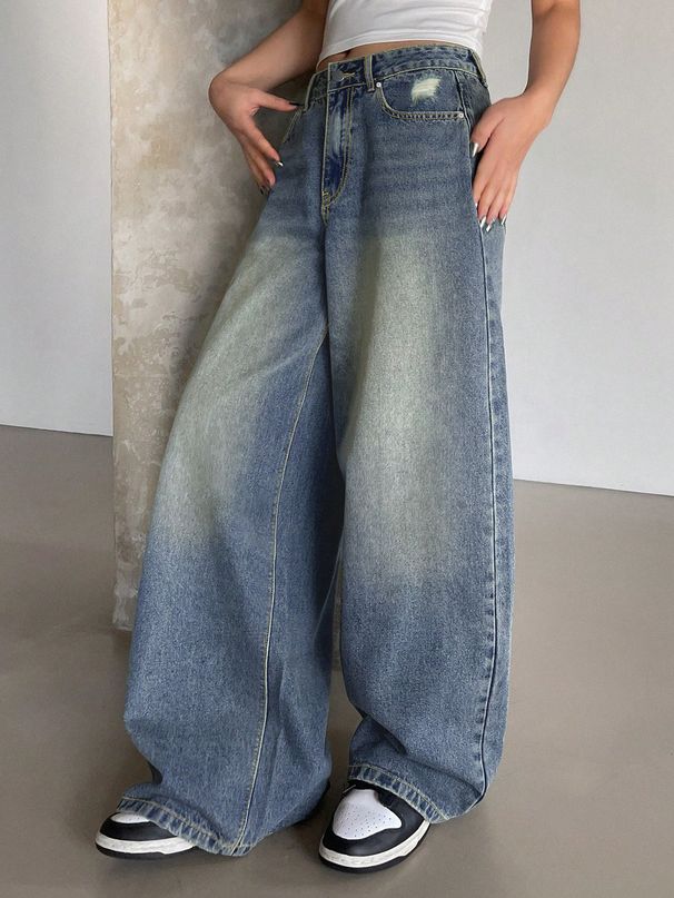 Women's Oversized Blue Distressed Denim Jeans - High Waist Wide Leg Long Pants With Ripped Details_mkmklike.com