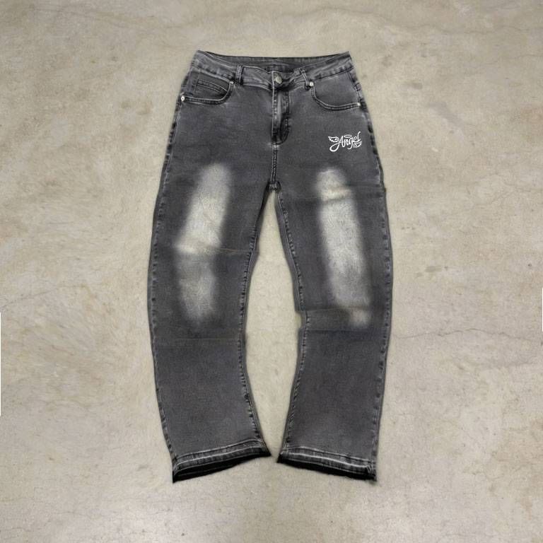 Men's Angel Letter Fringe Hem Jeans - Straight Cut Distressed Denim With Embroidered Wings & Removable Chains_mkmklike.com