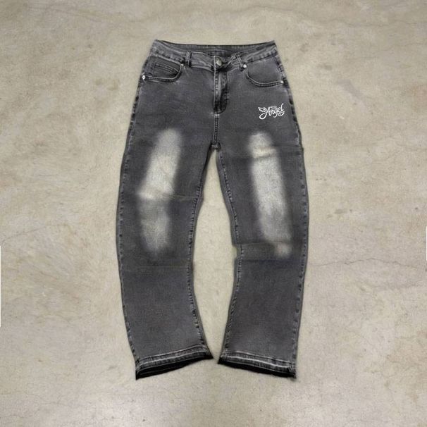 Men's Angel Letter Fringe Hem Jeans - Straight Cut Distressed Denim With Embroidered Wings & Removable Chains_mkmklike.com