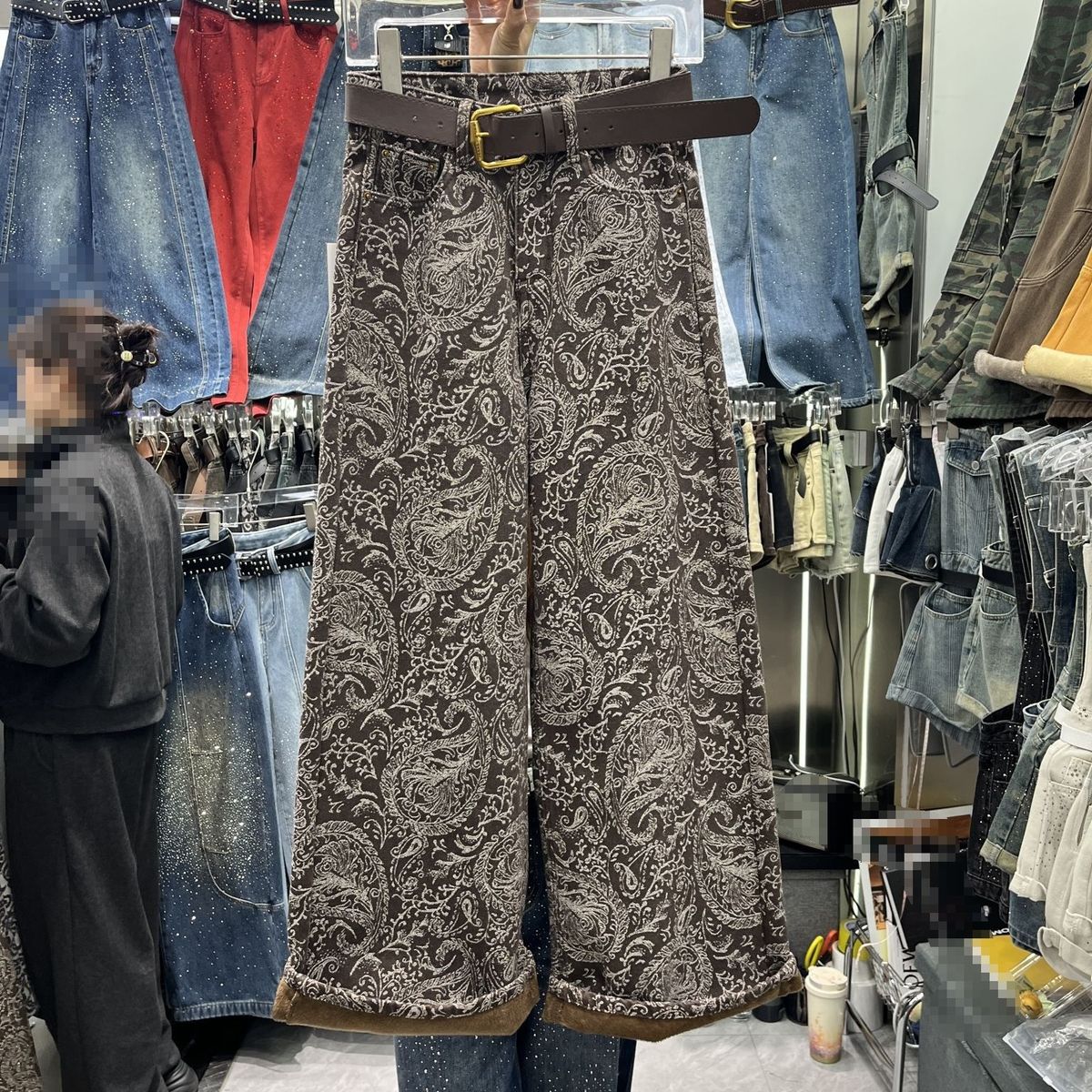 Clair Clair 2025 New Fashion Fleece-Lined Retro Versatile Printed Scimitar Jeans Korean Autumn High-Waisted Casual Pants_mkmklike.com