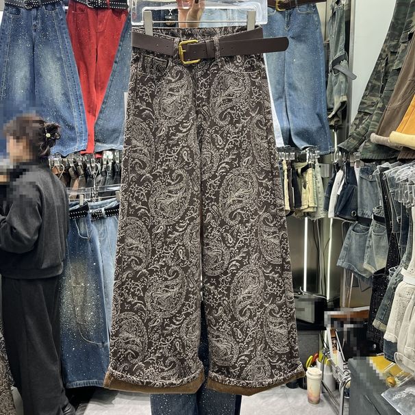 Clair Clair 2025 New Fashion Fleece-Lined Retro Versatile Printed Scimitar Jeans Korean Autumn High-Waisted Casual Pants_mkmklike.com