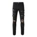Men's Clothing Washed Cat Whisker Wrinkled Hole Snake Black Elastic Slim Fit Skinny Jeans Jeans_mkmklike.com