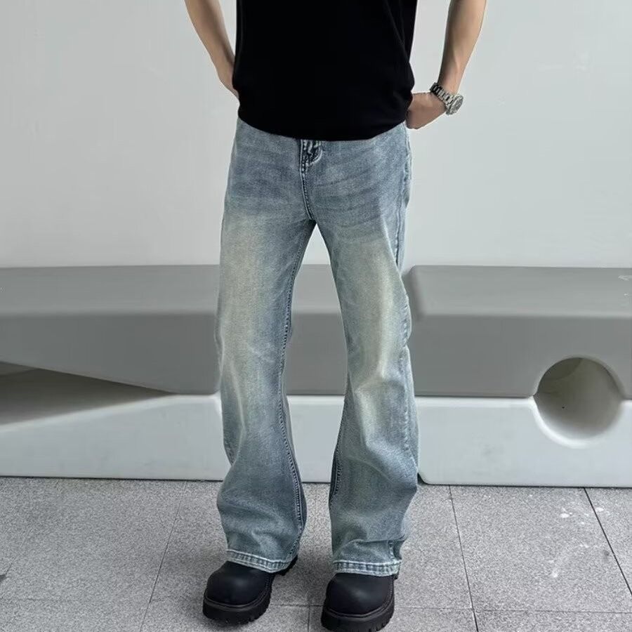 High Street Cleanfit Washed Denim Jeans Men's Straight Leg Loose Slightly Flared Long Pants Trendy Style Casual Wear_mkmklike.com
