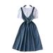 Women's Niche Design, Round Neck, Puff Sleeves, Patchwork Waist, Denim Skirt, Long Skirt_mkmklike.com