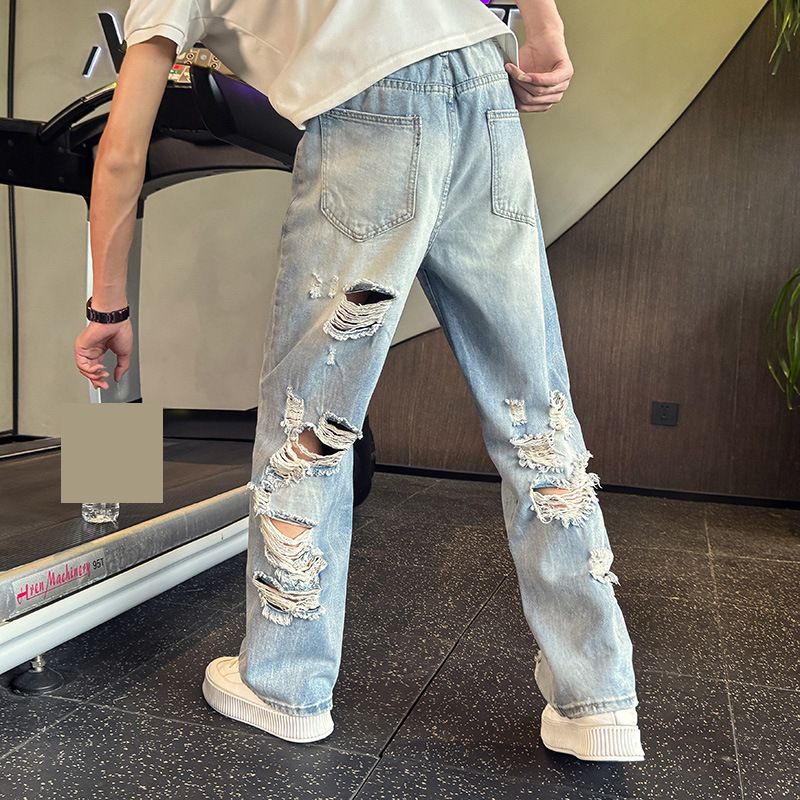 Men's Distressed Straight Leg Jeans | Vintage Relaxed Fit Ripped Denim Pants | Summer Casual Streetwear_mkmklike.com