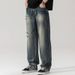 Vintage Washed Distressed Denim Jeans For Men - Relaxed Fit Straight Leg Retro Streetwear Pants With Ripped Details_mkmklike.com