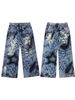 Unisex Retro Graffiti Distressed Wide Leg Jeans High Street Style Straight Leg Pants European Trend_mkmklike.com