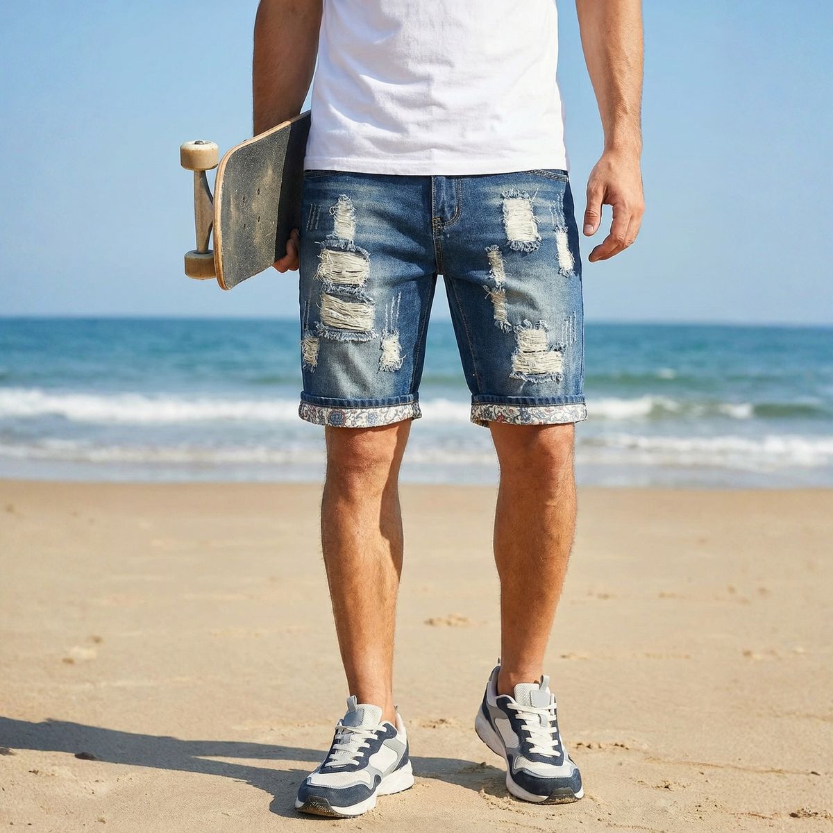 Men's Clothing Men's Trendy Ripped Patched Denim Shorts Mid Length Summer Hot Selling Street Style For Riding Breeches_mkmklike.com