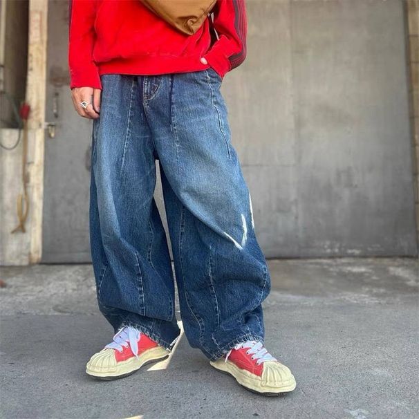 Men's Clothing Japanese Streetwear Loose Fit Wide Leg Washed Jeans For Men, Vintage Style, Comfortable Cotton, Straight Hem (S/M/L/XL)_mkmklike.com