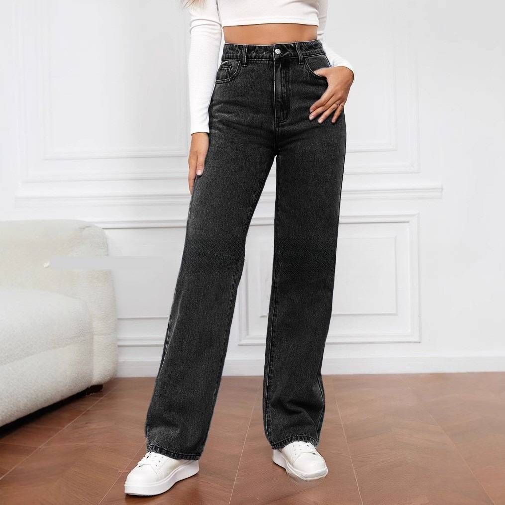 Women's High-Waisted Blue Jeans - Loose Fit Straight Leg,Stretch-Free Cotton, Long Trousers For Spring & Fall_mkmklike.com