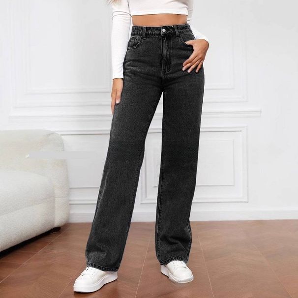Women's High-Waisted Blue Jeans - Loose Fit Straight Leg,Stretch-Free Cotton, Long Trousers For Spring & Fall_mkmklike.com
