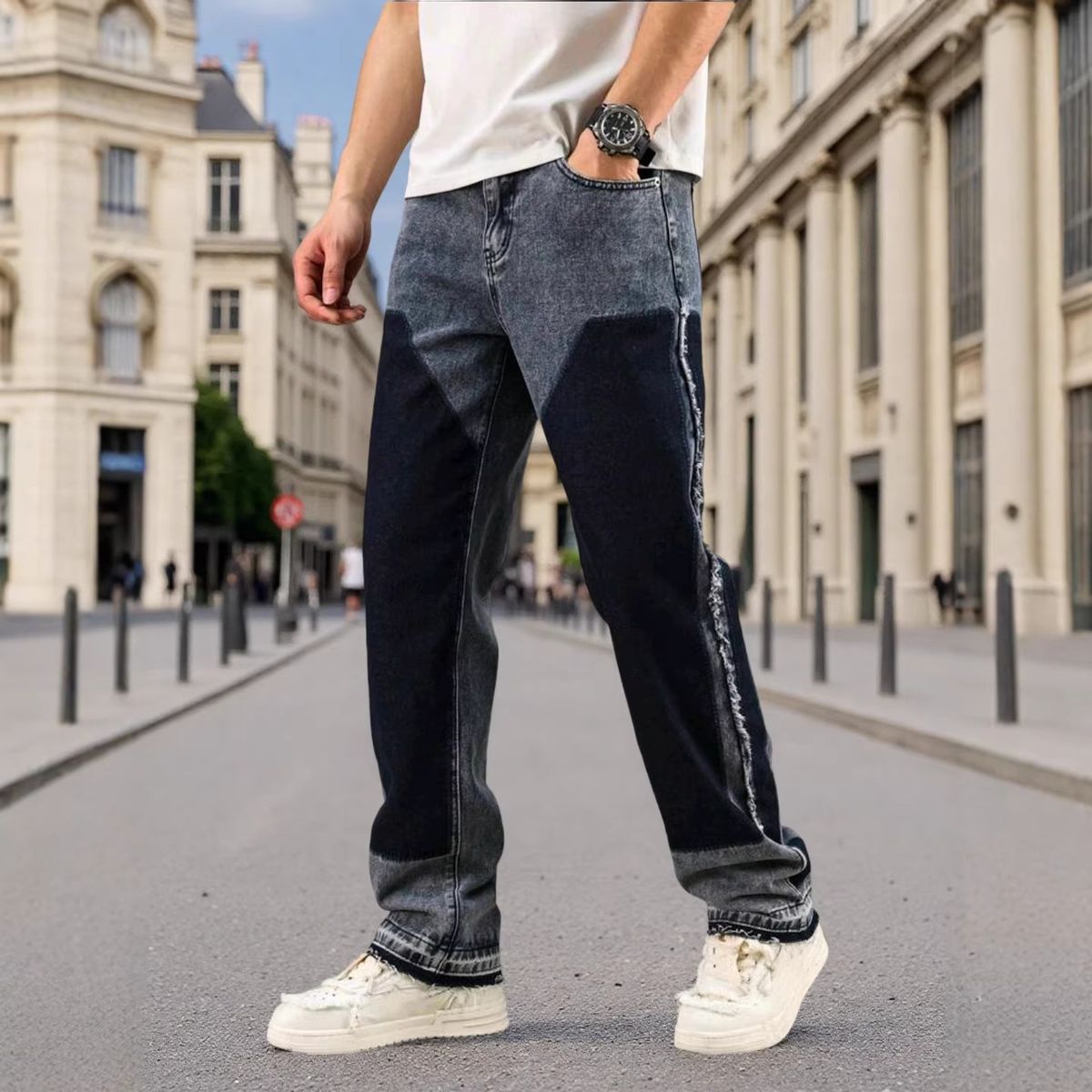 Men's Clothing Vintage Washed Blue Jeans – Straight-Leg Minimalist Denim Pants (Classic Fit, Light Stretch, Distressed Detailing, Retro Streetwear)_mkmklike.com