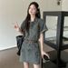 ELLE Vintage Hong Kong Style Denim Summer New Waist Slimming Sleeve Short Dress Trendy_mkmklike.com