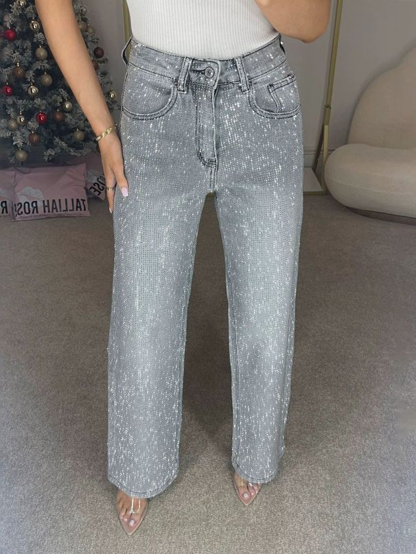 Women's Rhinestone Embellished Wide Leg Jeans – Stylish Loose Fit Denim Pants With Crystal Details (Black/Light Blue/Greyish) – Sizes S/M/L_mkmklike.com