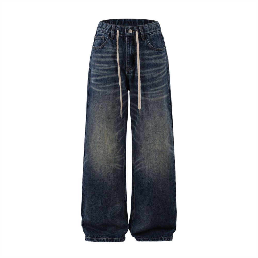 American Style Vintage Washed Denim Men's Loose Wide-Leg Drawstring Tie Casual Straight Pants Trendy_mkmklike.com