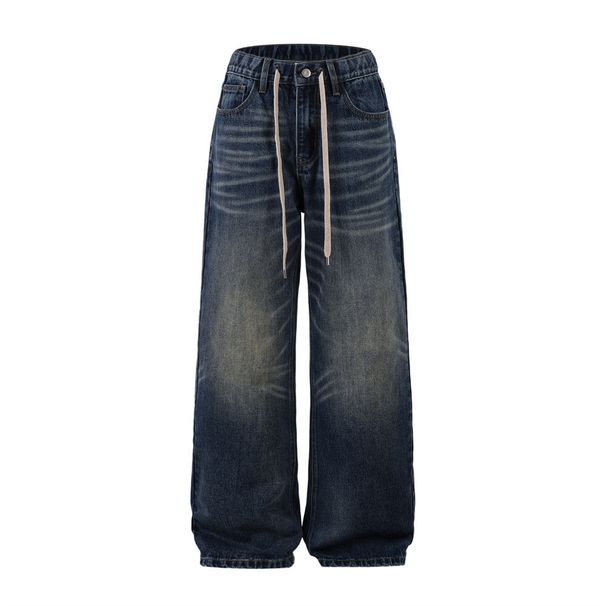 American Style Vintage Washed Denim Men's Loose Wide-Leg Drawstring Tie Casual Straight Pants Trendy_mkmklike.com