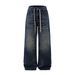American Style Vintage Washed Denim Men's Loose Wide-Leg Drawstring Tie Casual Straight Pants Trendy_mkmklike.com