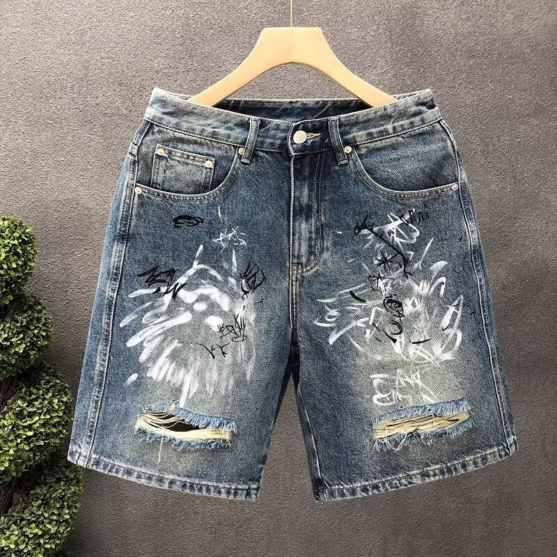 Men's Clothing Painted Graffiti Denim Shorts Men's Heavyweight Trend Handsome Scratched Hole Washed Shorts Men_mkmklike.com