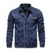 Loom Men's Lapel Buckle Fitted Denim Turn-Down Collar Buttoned Slim Fit Jeans Jacket For Men_mkmklike.com