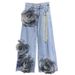 Women's Clothing Vintage Plus Size High-Waisted Flared Jeans – Distressed Hem, Embroidered Floral Details, Stretch Denim Wide-Leg Pants For Women_mkmklike.com