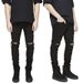 Men's High Street Slim Fit Jeans European American Kanye West Style Large Ripped Knee Elastic mid Waist Long Pants Trendy Black Blue_mkmklike.com