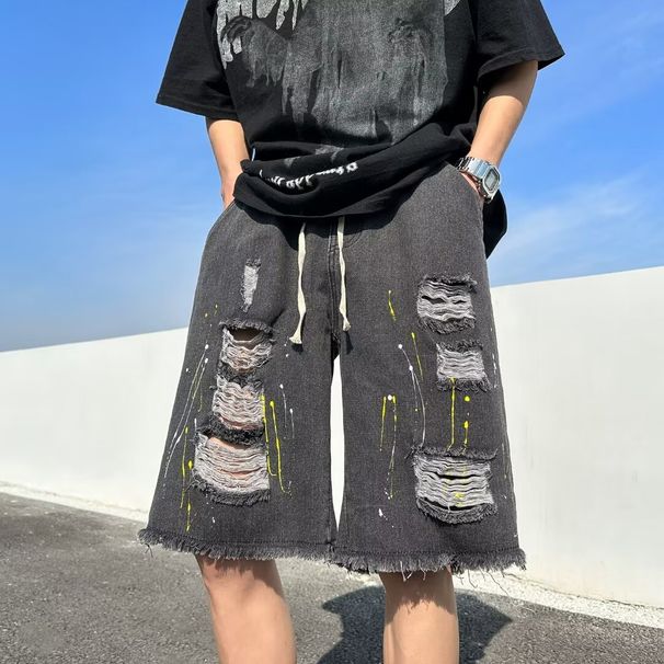 Men's American Style Workwear Shorts Summer Functional Casual Straight Leg Five Point Ripped And Frayed Jeans_mkmklike.com
