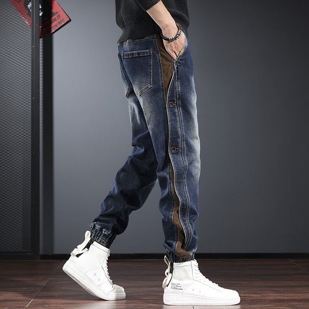 Men's Fashion Jeans Retro Work Pants With Cuffed Hem - Casual Streetwear Hip Hop Style For Winter_mkmklike.com