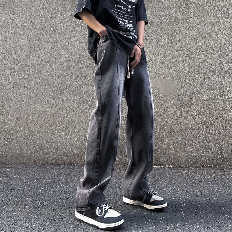 Retro Washed Gradual Change Jeans Men's Summer Thin Straight Drawstring Trendy Brand American High Street Casual Long Pants_mkmklike.com