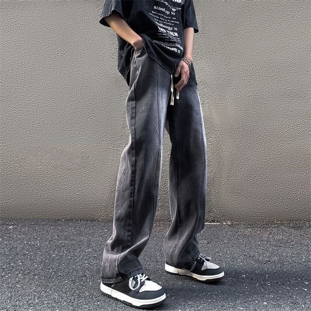 Retro Washed Gradual Change Jeans Men's Summer Thin Straight Drawstring Trendy Brand American High Street Casual Long Pants_mkmklike.com