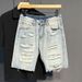 Perforated Denim Light Colored Five Piece Trendy And Versatile, Men's Loose Brimmed Shorts, Horse Beggar P, Summer_mkmklike.com