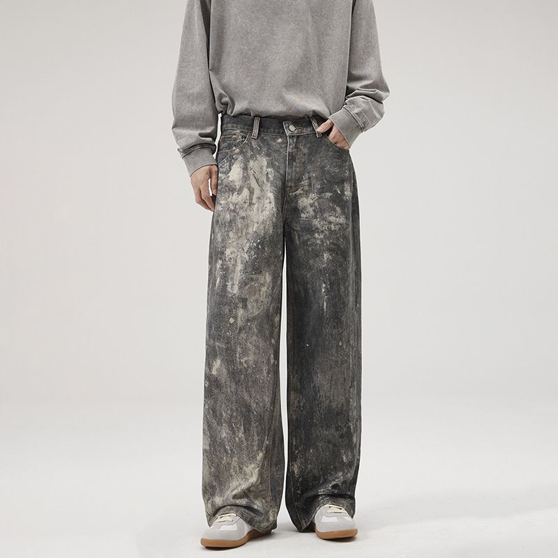 Men's Clothing Splashed Printed Jeans Washed Heavy Loose Wide Leg Floor Length Pants_mkmklike.com