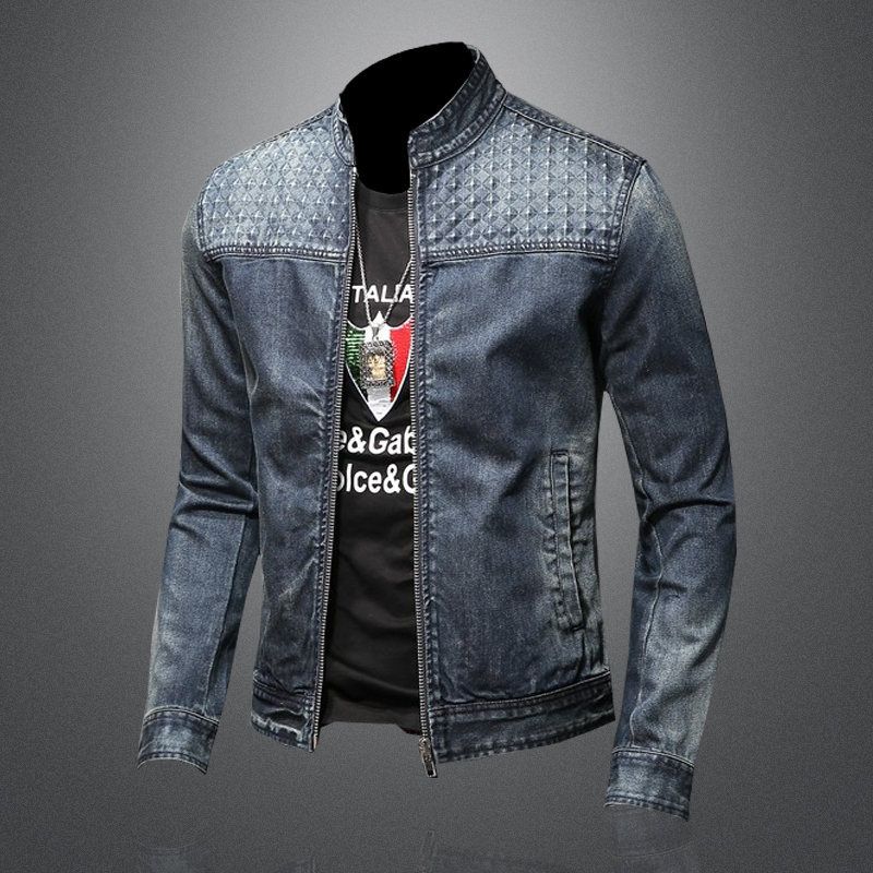 Men's Clothes Individual Stand-up Collar Motorcycle Denim Jacket For Men Vintage Embossed Craft Jeans_mkmklike.com