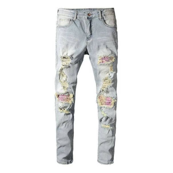 Men's Clothing High Street Fashion Brand Old Patch Paint Graffiti Hole Elastic Slim Washed Light Color Jeans_mkmklike.com