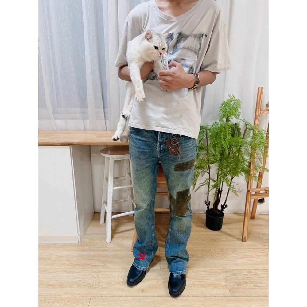 Men's Clothing Men's Corduroy Patch Splash Ink Embroidered Washed Blue Jeans - Party Pants, Straight Leg, Mid Rise, Comfort Fit, Casual & Stylish_mkmklike.com