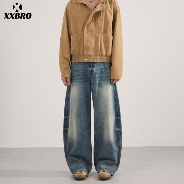 Men's Clothing Men's Retro Barn Style Washed Distressed Straight Leg Jeans Tie Dye Wide Leg Pants Curved Knife Loose Fit_mkmklike.com