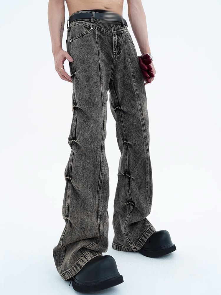 Retro-style Side-pleated Washed Distressed Jeans For Men, Loose Fit, High-waisted, Wide-leg, Floor-length Trousers_mkmklike.com