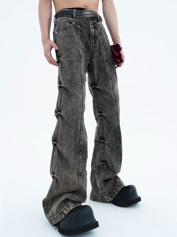 Retro-style Side-pleated Washed Distressed Jeans For Men, Loose Fit, High-waisted, Wide-leg, Floor-length Trousers_mkmklike.com