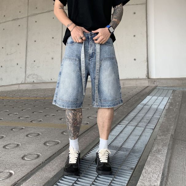 Men's High Street Rhinestone Embroidered Denim Shorts - Loose Fit Cargo Shorts For Summer, Streetwear Style, Retro Blue & Black_mkmklike.com