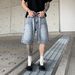 Men's High Street Rhinestone Embroidered Denim Shorts - Loose Fit Cargo Shorts For Summer, Streetwear Style, Retro Blue & Black_mkmklike.com