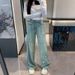 Women's Clothing High Waist Straight Leg Jeans Rhinestone Embellishments Skinny Fit Wide Leg Denim Pants Sparkly Stretch Comfort Casual Party Wear_mkmklike.com