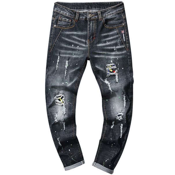 Men's Clothing Men's Ripped Embroidery Slim Fit Stretch Small Straight Jeans Men's Paint Strip Paint Patch Trousers_mkmklike.com