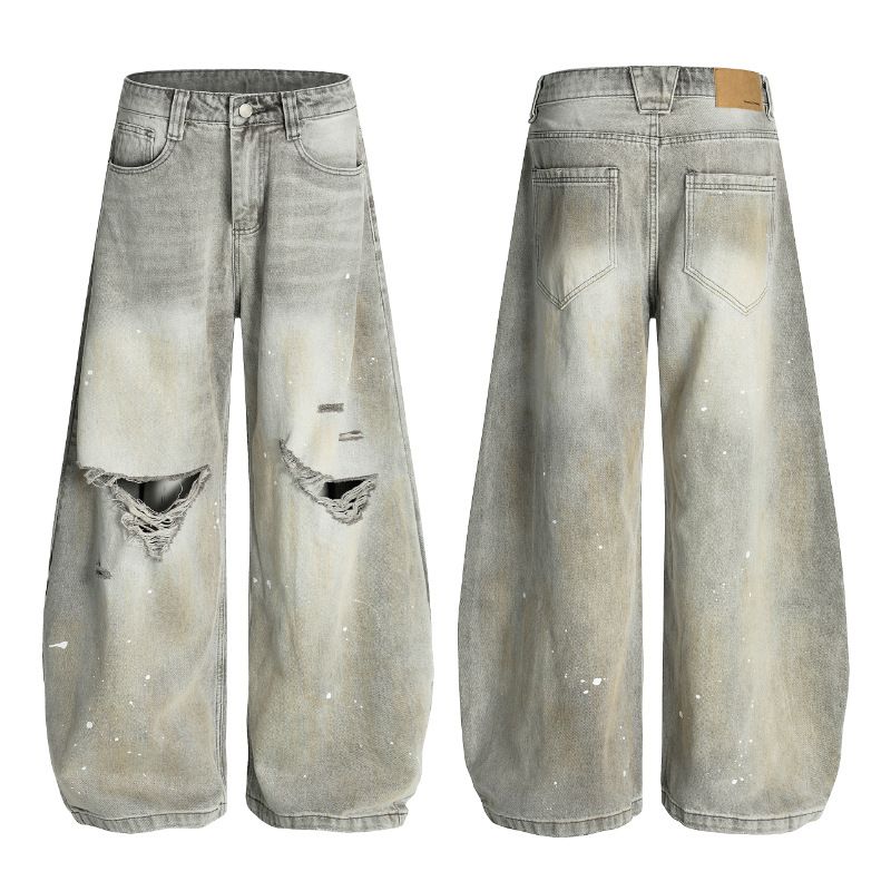 Trendy High Street Distressed Denim Pants With Splatter Paint & Ripped Details - Oversized Wide Leg Jeans For Men & Women (S-XXL)_mkmklike.com