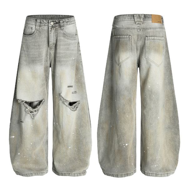 Trendy High Street Distressed Denim Pants With Splatter Paint & Ripped Details - Oversized Wide Leg Jeans For Men & Women (S-XXL)_mkmklike.com