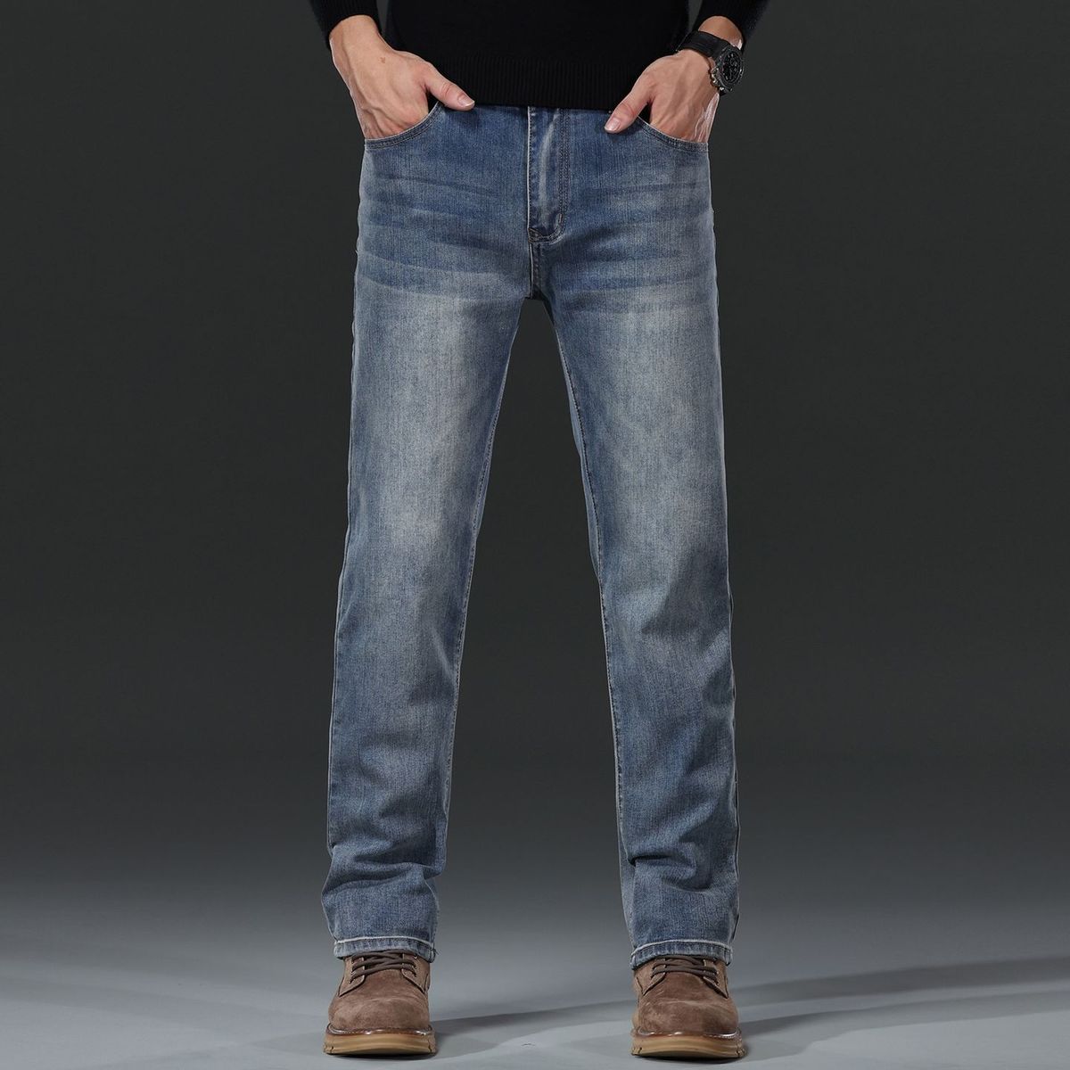 Spring And Autumn Jeans 2025 New Men's Loose Elastic Straight Leg Business Casual Long Pants_mkmklike.com