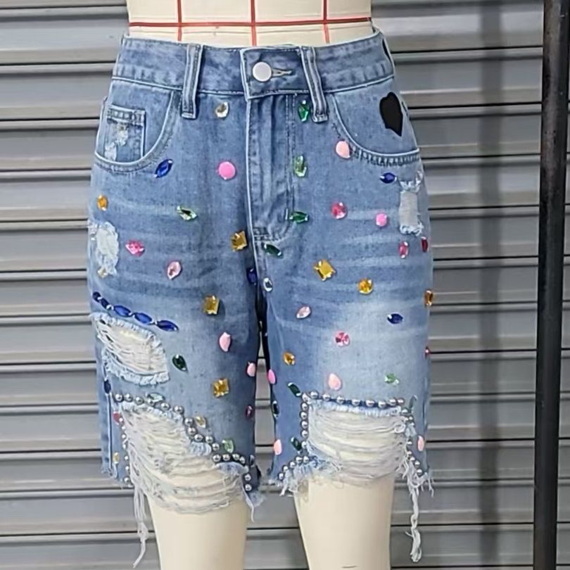 K New Heavy Industry Diamond Studded Nail Bead High Waist Slimming And Perforated Straight Leg Pants Mid Pants_mkmklike.com