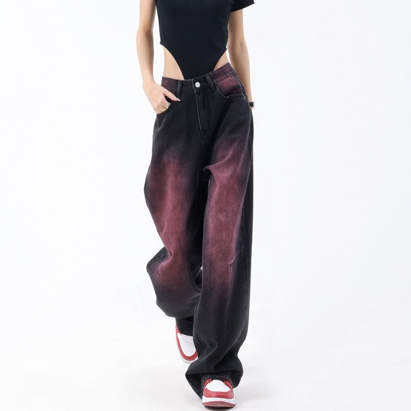 American Spring Summer New Graffiti Washed Jeans For Women Retro Design Straight Wide-Leg Long Pants_mkmklike.com