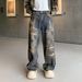 Distressed Denim Jeans For Men - Vintage Washed High Street Wide Leg Baggy Pants With Hand-Painted Details_mkmklike.com