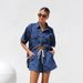 Women's Clothing Casual Loose Pocket Short Sleeved Shirt Denim Two Piece Suit_mkmklike.com