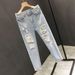 Men's Distressed Slim Fit Jeans - Light Blue Stretch Denim Pants With Rolled Cuff & Ripped Details_mkmklike.com