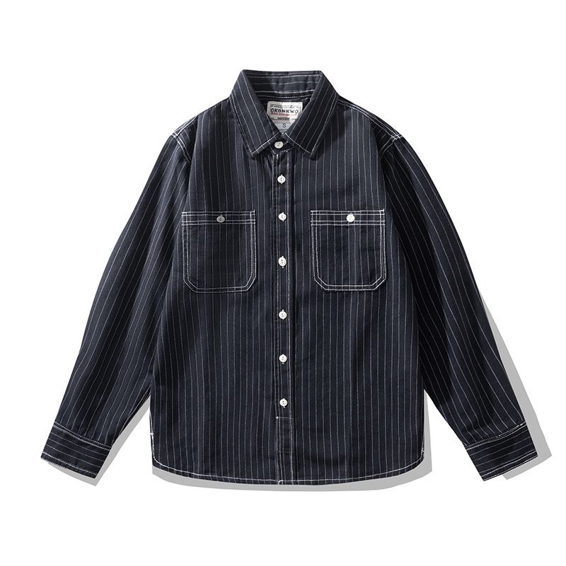 Loom OKONKWO New Vertical Striped American Retro Men's Workwear Long Sleeve Shirt_mkmklike.com